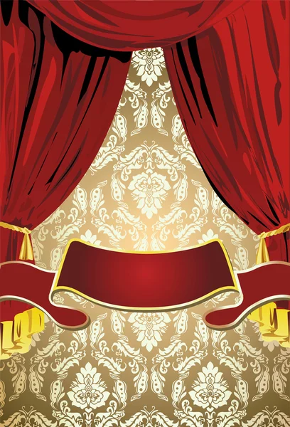 Teatrical Red Curtains, Gold Background And Scroll Banner — Stock Vector