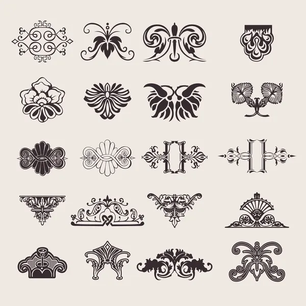Conjunto de 20 elementos de design ornamentado de uma cor — Vetor de Stock