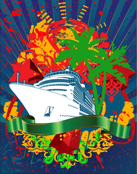 Ocean Cruise Liner Splash y bandera verde — Vector de stock
