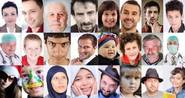 Collage of a lots of different cultures and ages, common with different expressions clipart