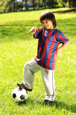 Cute little boy with a ball in beautiful park in nature clipart