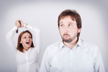 Fight betwen husband and wife, mad woman, confused man clipart