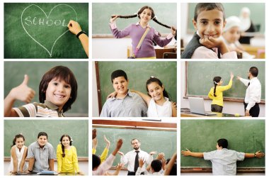 School concept, children and teacher in classroom - collage. Look for more clipart