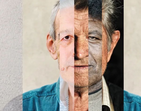 Menschliches männliches Gesicht aus mehreren verschiedenen, künstlerischen Konzepten vertikal — Stockfoto