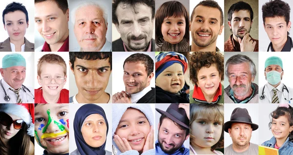 Colagem de muitas culturas e idades diferentes, comum com expressões diferentes — Fotografia de Stock