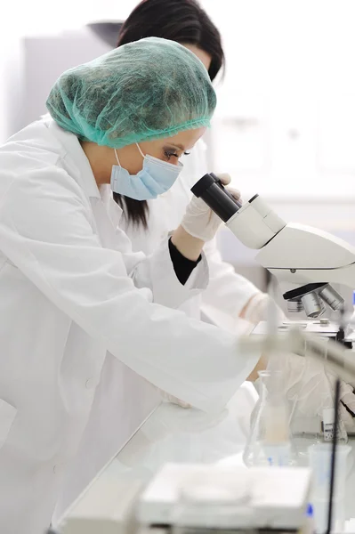 Iki kadın bilim adamları laboratuarda mikroskop ile çalışma — Stok fotoğraf
