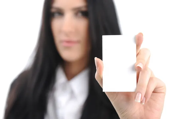 Młoda kobieta z karty pionowe biznesowym na białym tle — Zdjęcie stockowe
