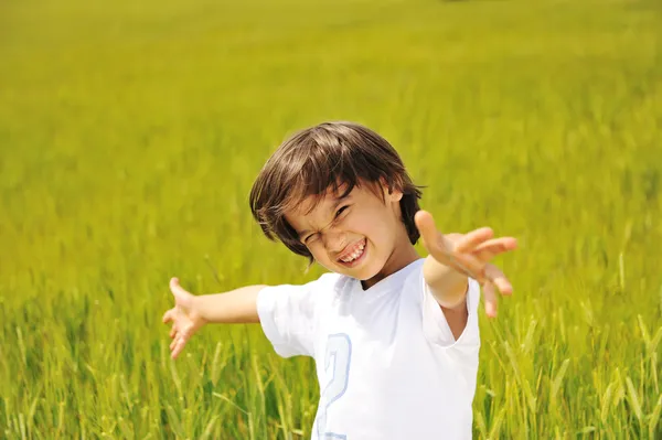 Glückliches Kind auf der grünen Wiese mit weit geöffneten Armen — Stockfoto