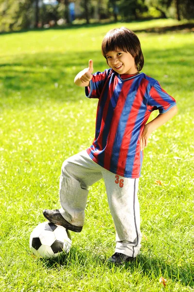 Ładny mały chłopiec z piłką w pięknym parku w przyrodzie — Zdjęcie stockowe