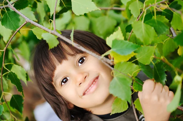 Ao ar livre, rostos felizes entre as folhas das árvores na floresta ou parque — Fotografia de Stock