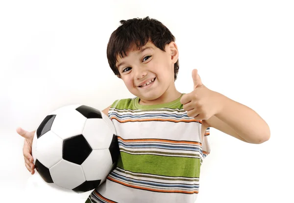 Spor çocuk, futbol başparmak yukarı! — Stok fotoğraf
