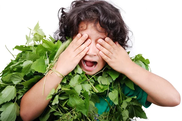 Маленькая милая девочка в костюме из листьев — стоковое фото