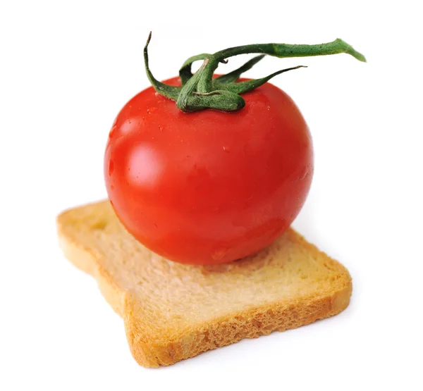 Tomato on slice of bread isolated, toast, vegetarian, vegetable, cereal — Stock Photo, Image
