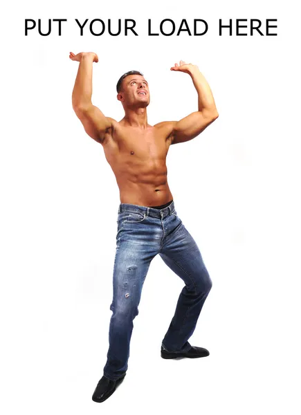 Homem musculatura machista com um espaço de cópia isolado em branco - GRANDE PARA LOAD Y — Fotografia de Stock