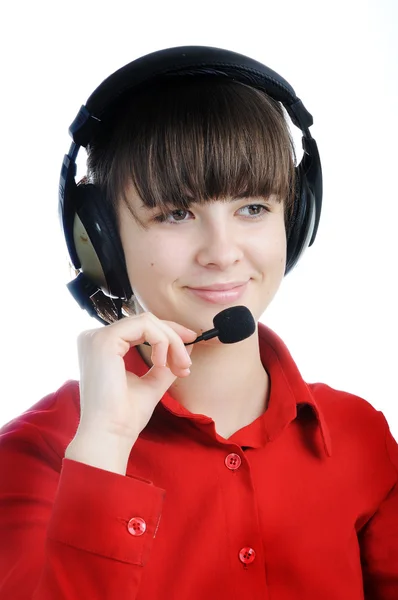 Portret van een mooie jonge dame met headset geïsoleerd op een witte pagina — Stockfoto