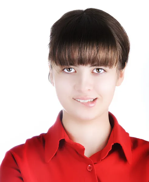 Mooie jonge tiener meisje met rode shirt bijten haar lip - witte backgro — Stockfoto