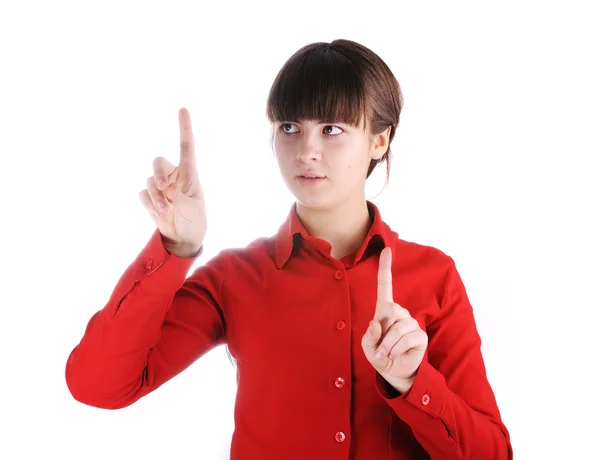 Morena adolescente mujer tocando almohadilla virtual clave transparente con el dedo — Foto de Stock