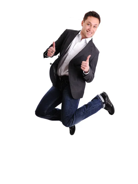 Celebrando el éxito - Retrato de un hombre emocionado ejecutivo de negocios saltando —  Fotos de Stock