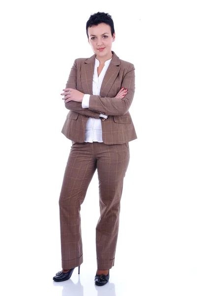 Full length of a beautiful business woman standing isolated with hands fold — Stock Photo, Image