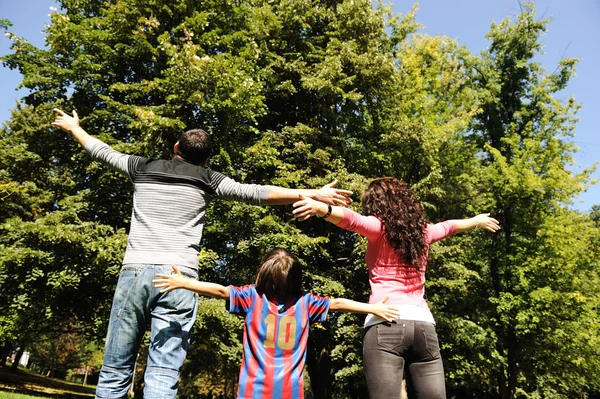 Joven familia feliz en la naturaleza con los brazos abiertos mirando hacia arriba y respirando patatas fritas —  Fotos de Stock