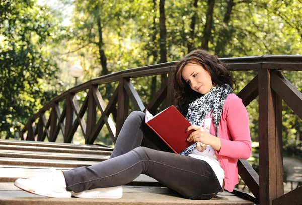 Joven estudiante hermosa niña sentada en el puente de madera en la naturaleza y la lectura —  Fotos de Stock