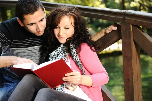 Fiatal pár, a lány és a fiú ül a parkban, és egy könyvet olvas — Stock Fotó