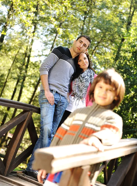 Hermosa escena de familia feliz joven en el parque natural, tres miembros: mothe —  Fotos de Stock
