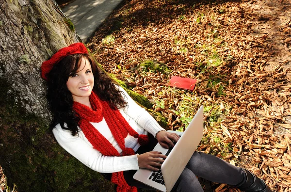 Beauty gorgeous autumn girl sitting in nature beside the tree and working o — Stock Photo, Image