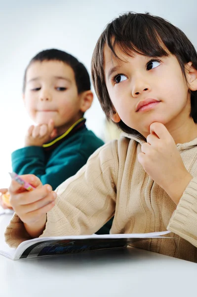 Dois meninos da escola bonitos trabalhando em sua lição de casa juntos — Fotografia de Stock