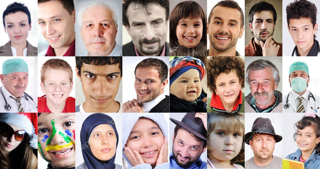 Collage of a lots of different cultures and ages, common with different expressions