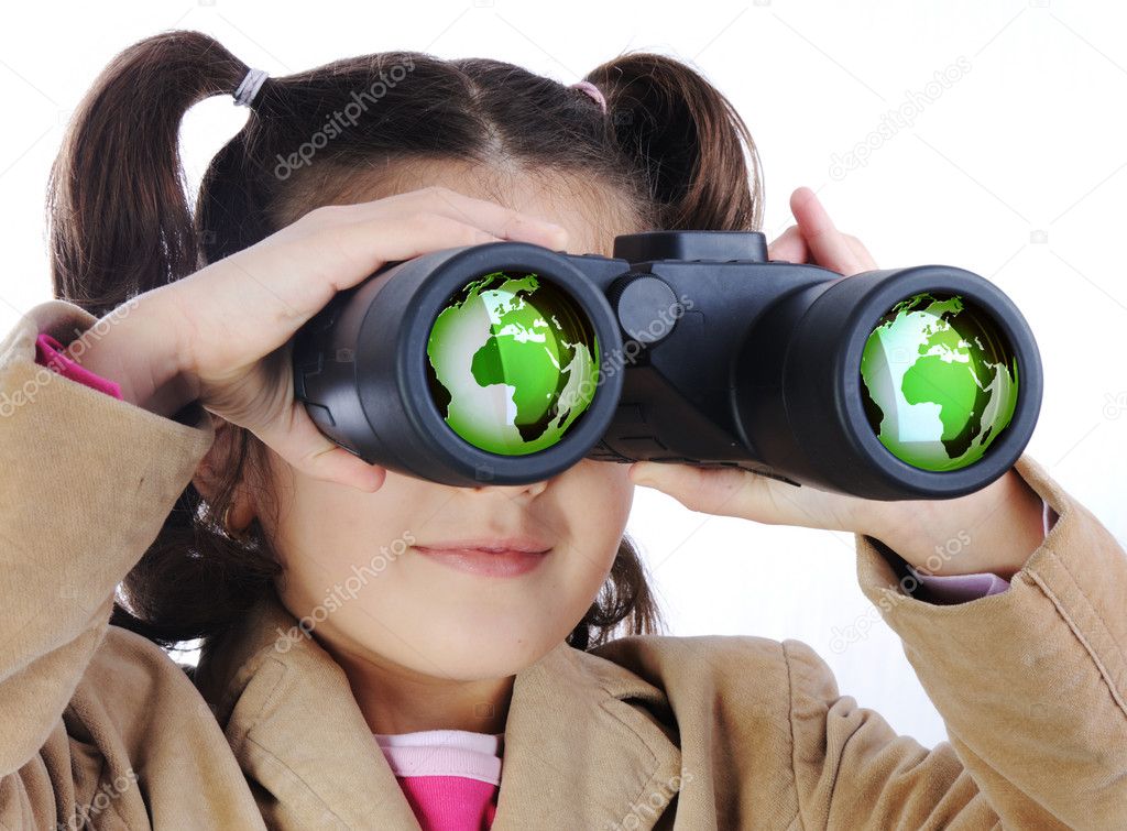 Little girl with binoculars, earth globe in glasses