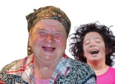 An old woman with red funny laughing face clipart