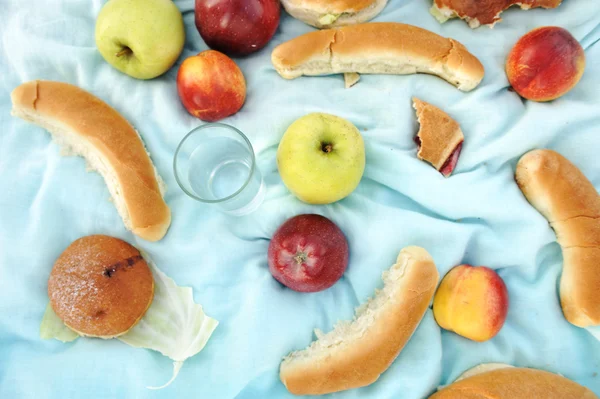 Cibo su tessuto da picnic all'aperto: acqua, mela, pane — Foto Stock