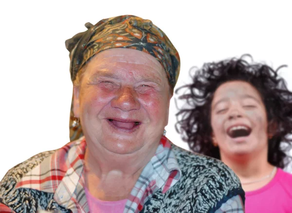Yaşlı bir kadın ile kırmızı komik yüzü gülüyor — Stok fotoğraf