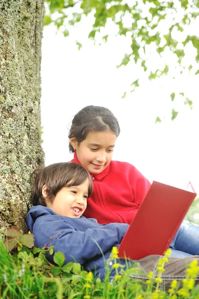 Mutlu çocuklar ağacın altında kitap okuma — Stok fotoğraf