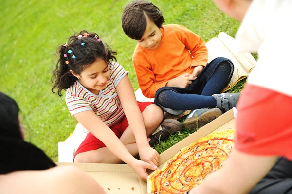 Jíst pizzu, piknik, rodina venkovní — Stock fotografie