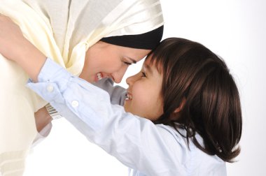 Muslim mother and son loving each other clipart