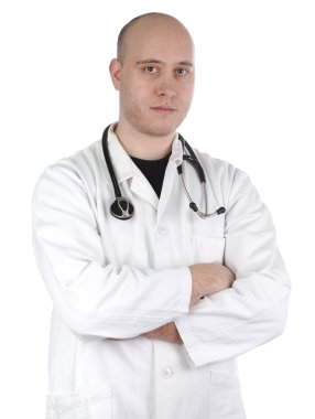 Thoughtful middle aged doctor with arms folded clipart