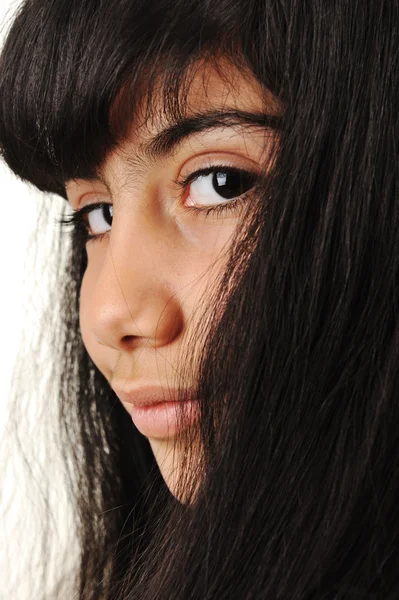 Schoolmeisje, zwarte lange haren, portret, zwarte ogen — Stockfoto