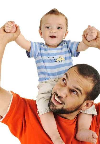 Syn ojca i dziecka, grać razem, na białym tle, piggyback — Zdjęcie stockowe