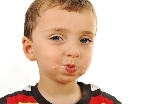 Brudny chłopiec, po zjedzeniu kanapki — Zdjęcie stockowe