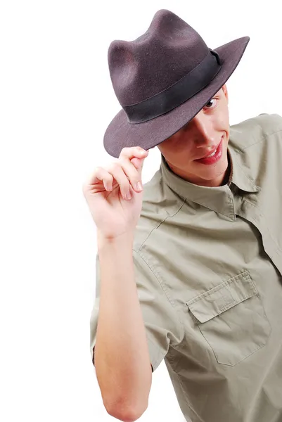 Сексуальный мужчина в шляпе на голове — стоковое фото