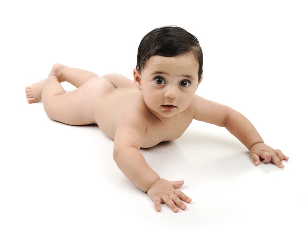 Desnudo lindo bebé aislado sobre fondo blanco —  Fotos de Stock