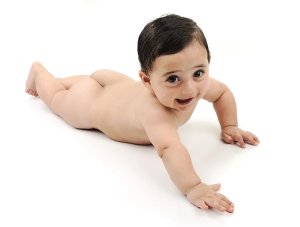 Meztelen aranyos baba elszigetelt fehér background — Stock Fotó