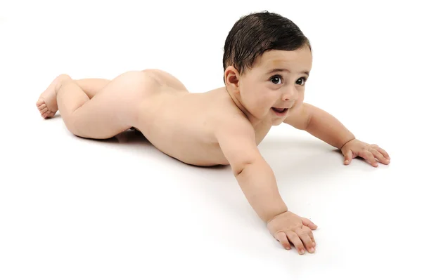 Desnudo lindo bebé aislado sobre fondo blanco — Foto de Stock