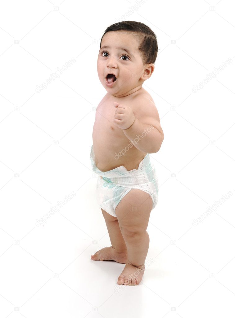 Cute baby isolated on white background, standing alone