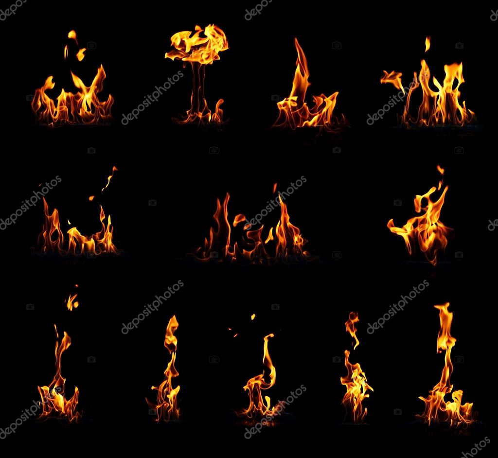 Different fire flames on black background — Stock Photo