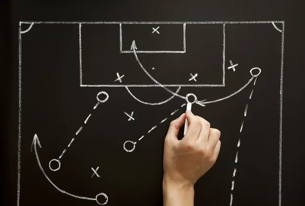 Mann zeichnet eine Fußballspiel-Strategie Stockbild