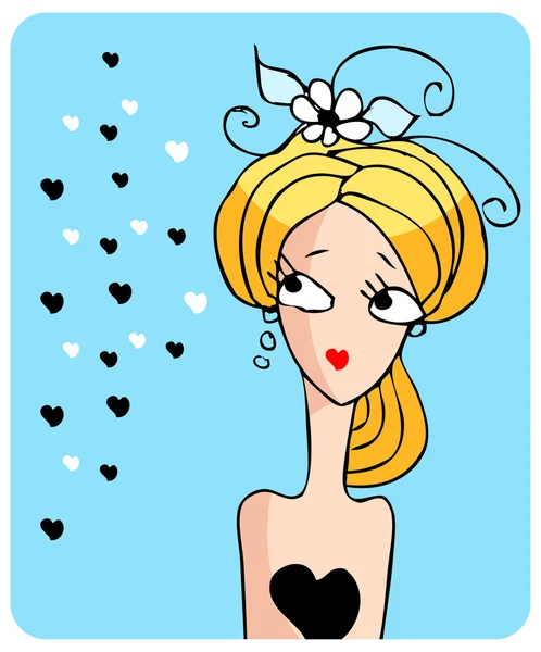 Dibujos animados mujer cara triste chica con flor y corazones doodley — Foto de Stock