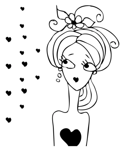 Mulher dos desenhos animados rosto menina triste com flor e corações doodley — Fotografia de Stock
